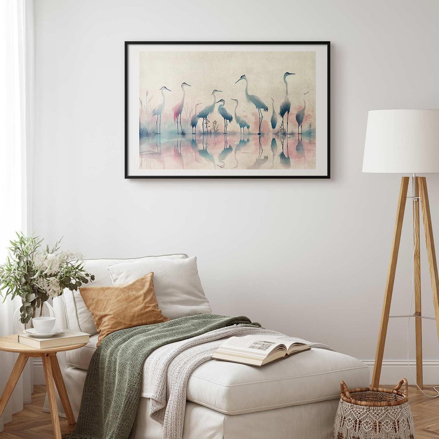 Watercolor herons poster in gray-pink palette, decorates living room wall.