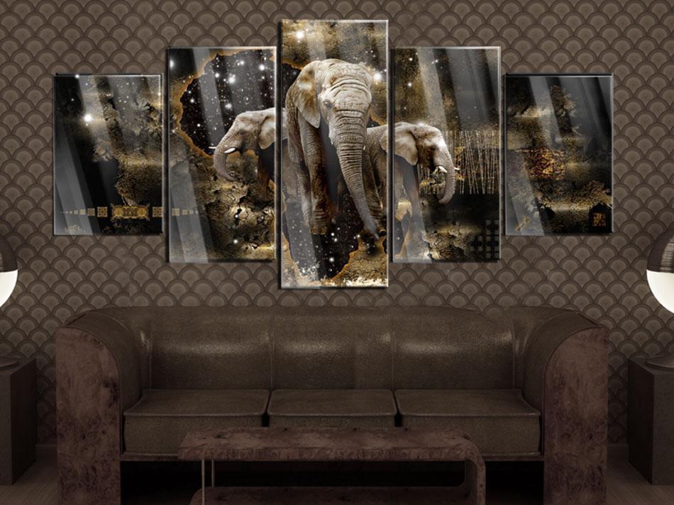 Wandbild Elefanten unter Sternen – 5-teiliges Acrylglasbild mit drei Elefanten
