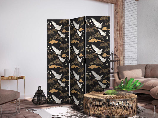 Paravent - Oriental impressions - decorative pattern with a motif of flying cranes on a dark background