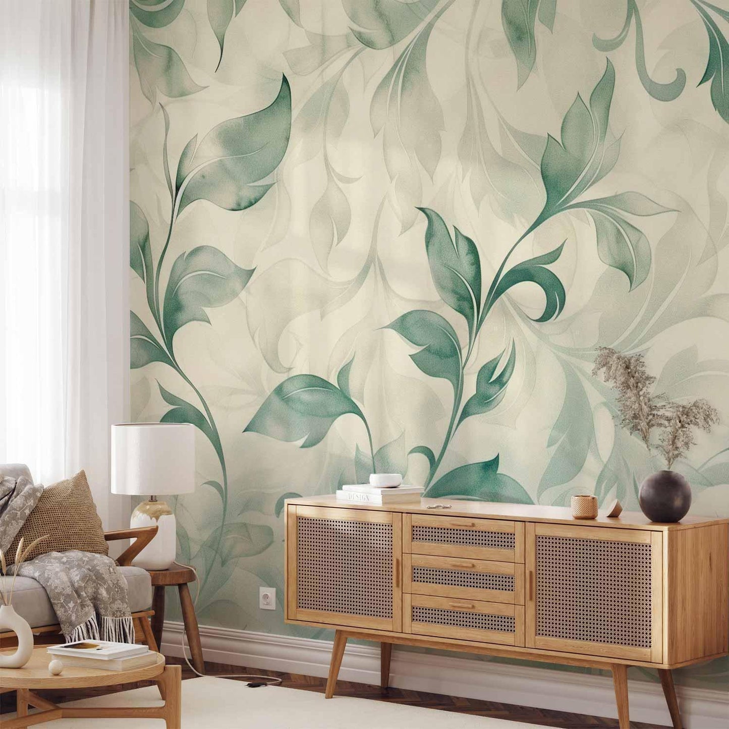 Fototapete - Watercolor Botanical Motif Delicate Green-Beige Leaves Artgeist