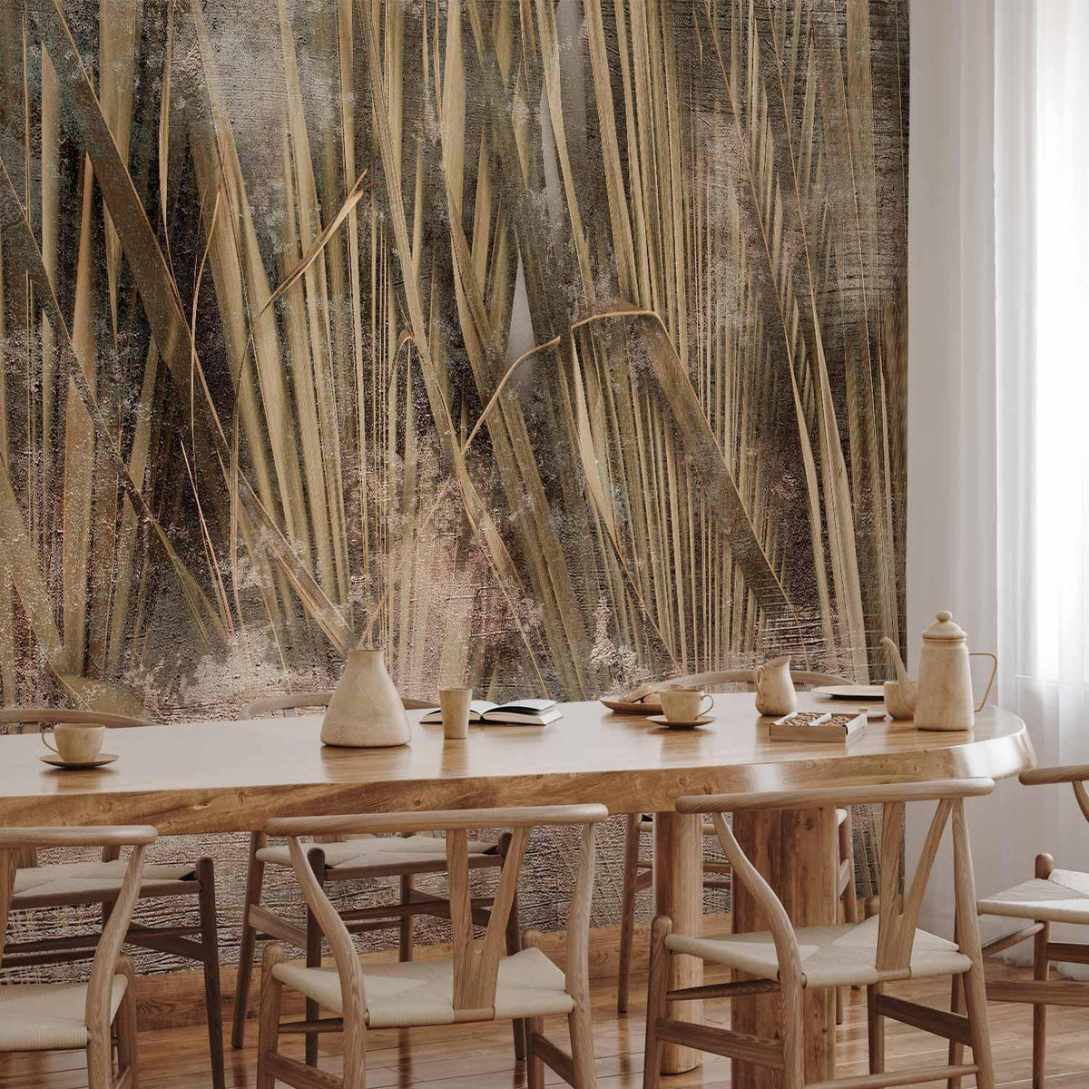 Fototapete - Dry leaves - landscape of tall grasses in boho style with paint patterns