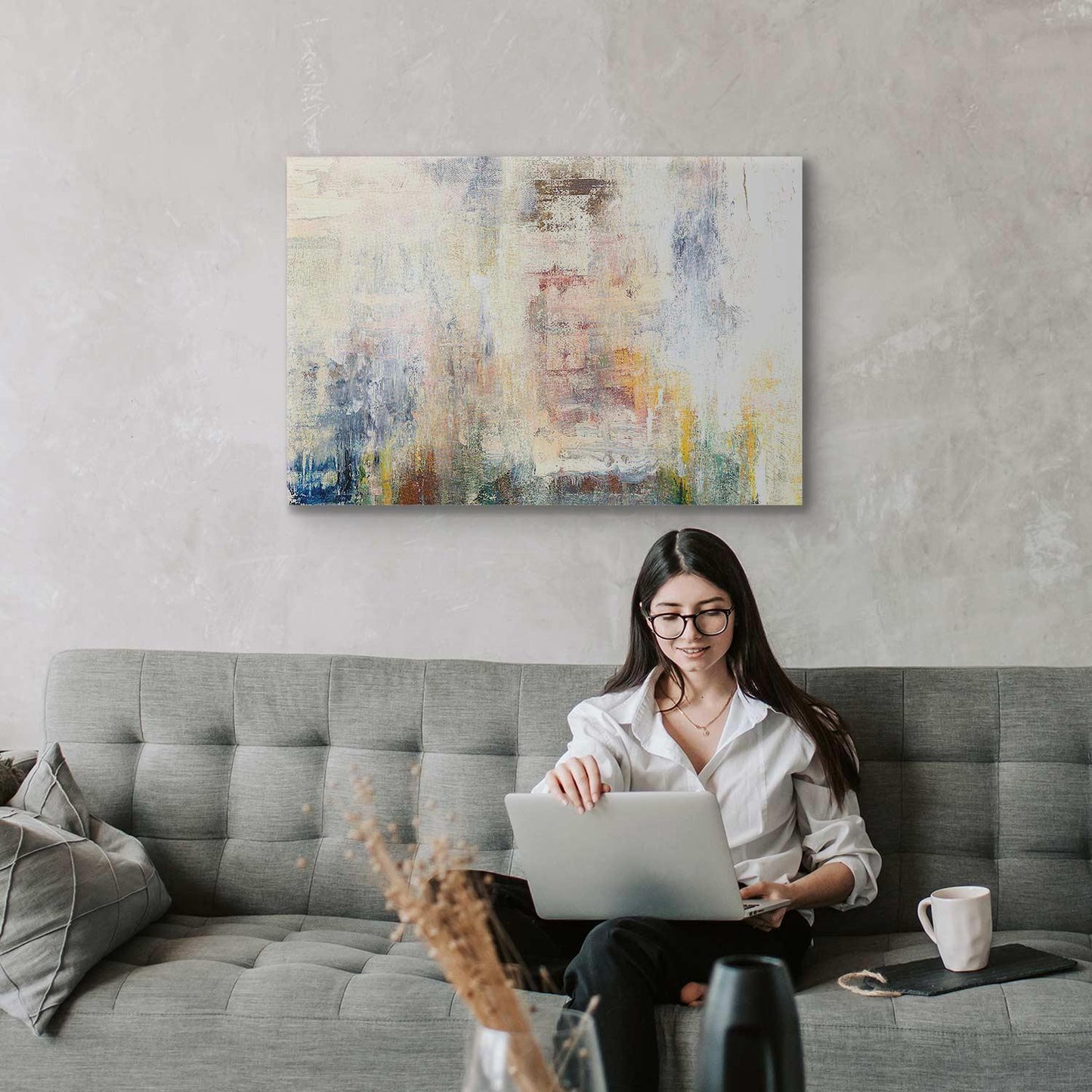 Canvas art titled "Nebula of Thoughts" in a modern living room setting.
