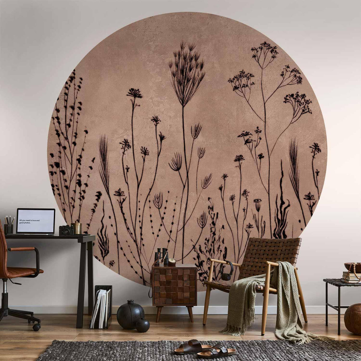 Runde Fototapete - Wildflowers – black plants on lime-wash background