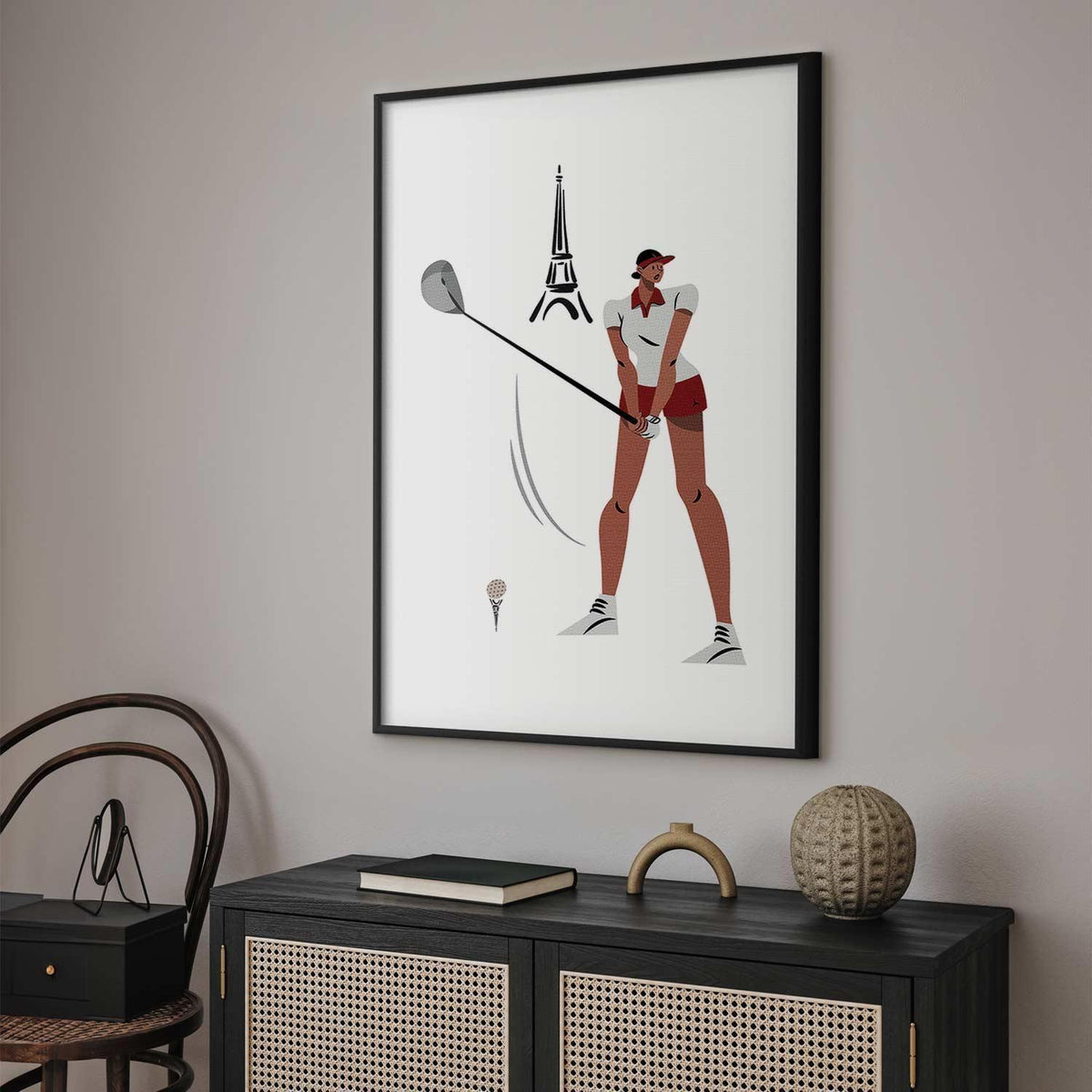 Poster - Illustration of a Female Golfer with the Eiffel Tower in the Background