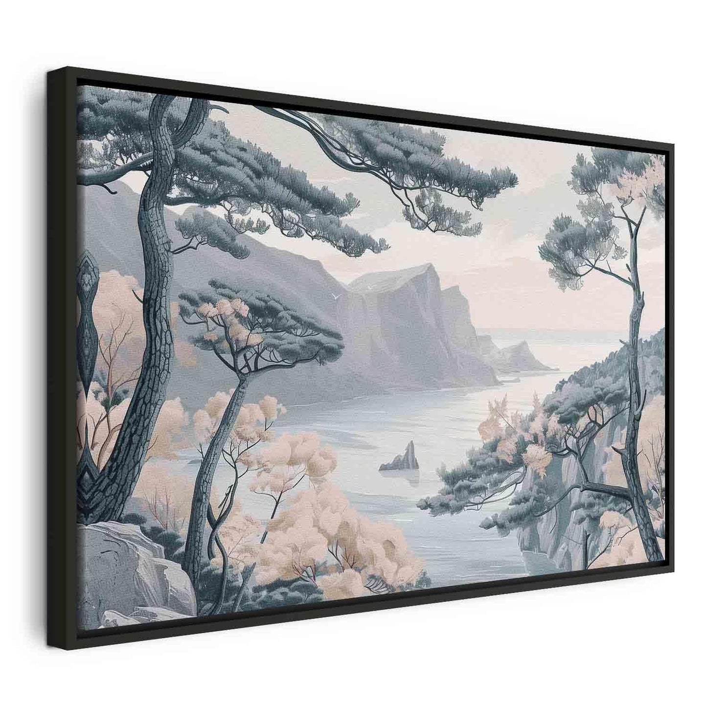 Leinwandbild - Mountainous Coast with Trees and Rocks in Light Pastel Blues Artgeist