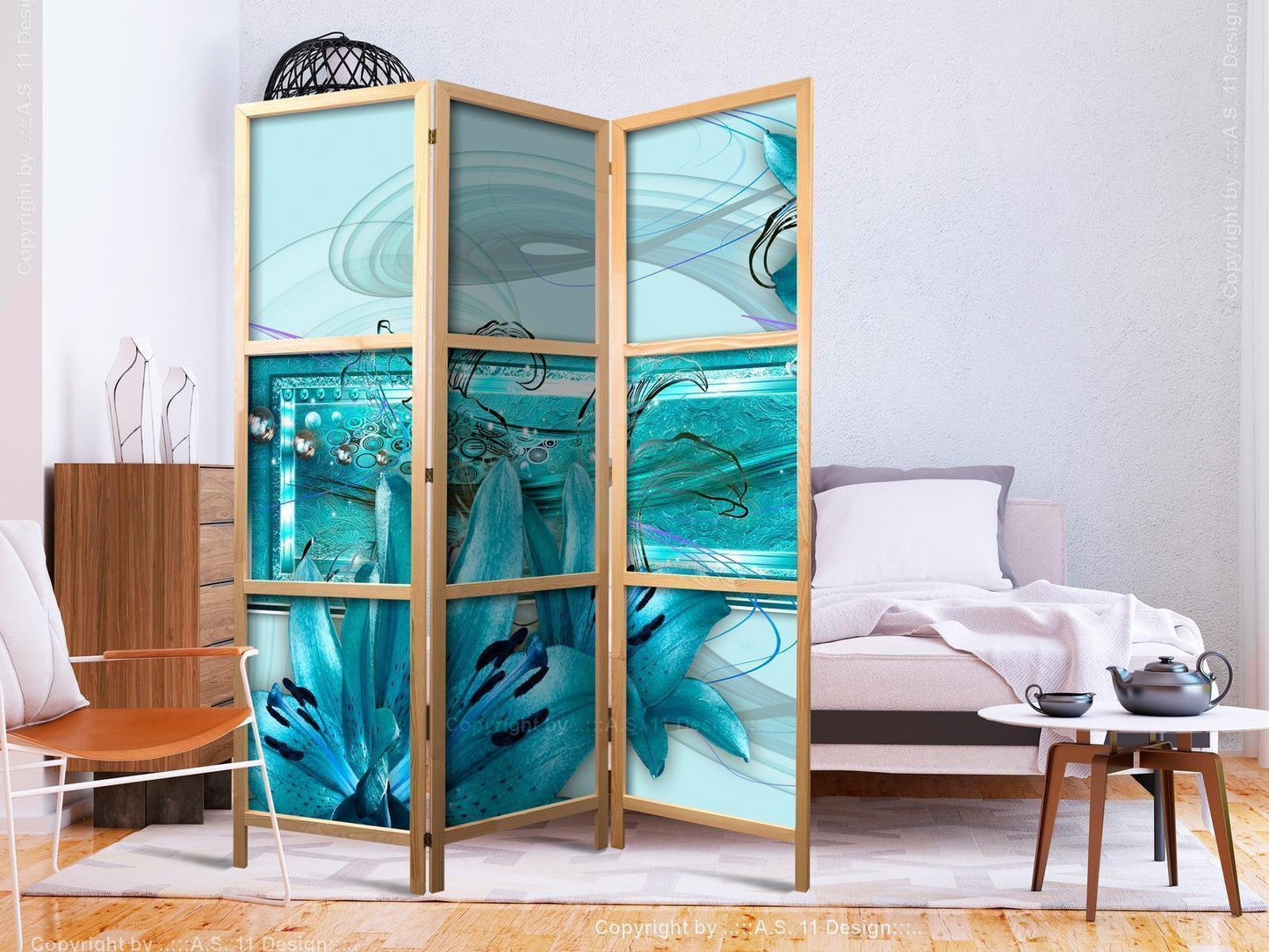 Japanischer Paravent - Lilies in Pale Blue I Artgeist