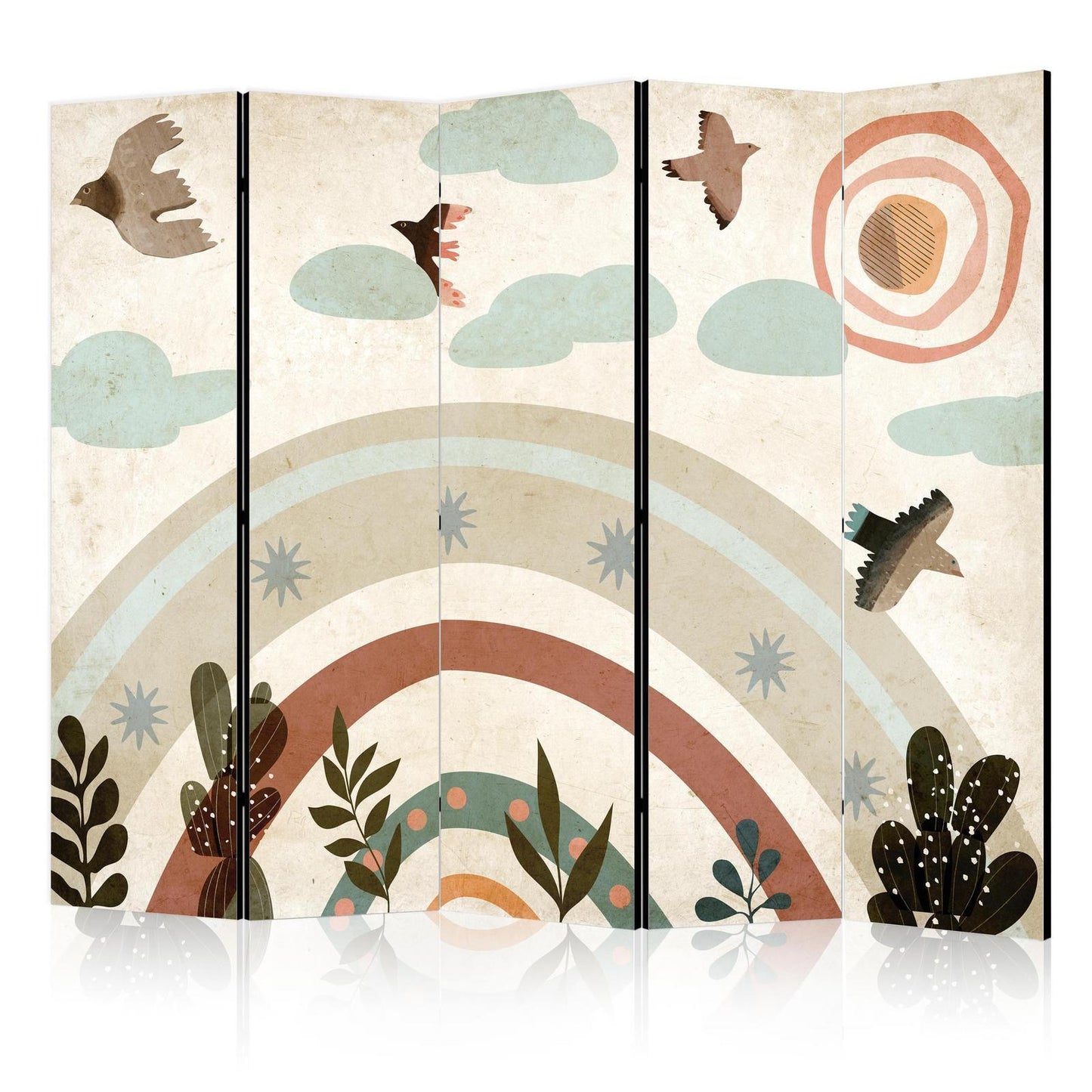 Paravent - Sun Above the Rainbow - Birds in Subdued Colors Flying Among Clouds Above a Rainbow and Vegetation on a Light Beige Background Artgeist