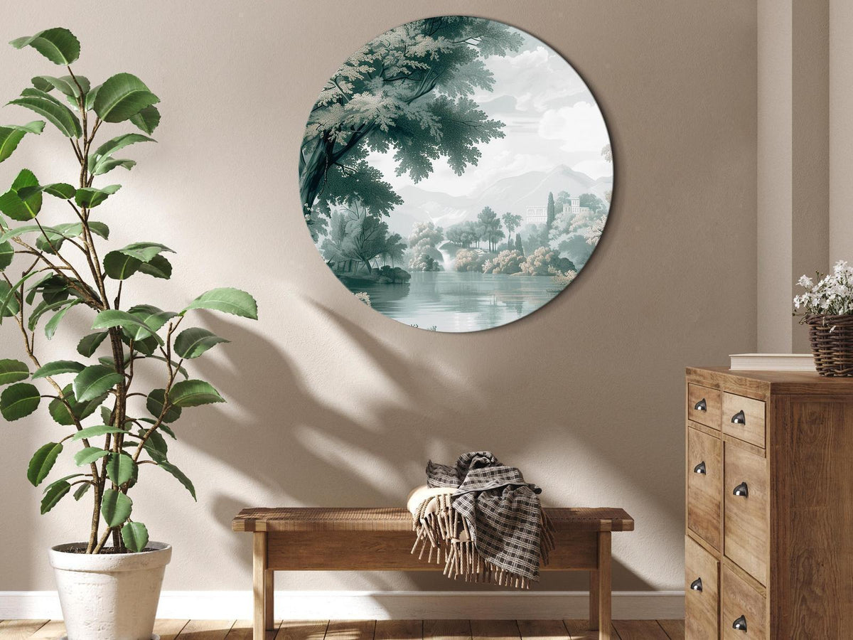 Rundes Bild - Landscape with a park and lake in retro greens