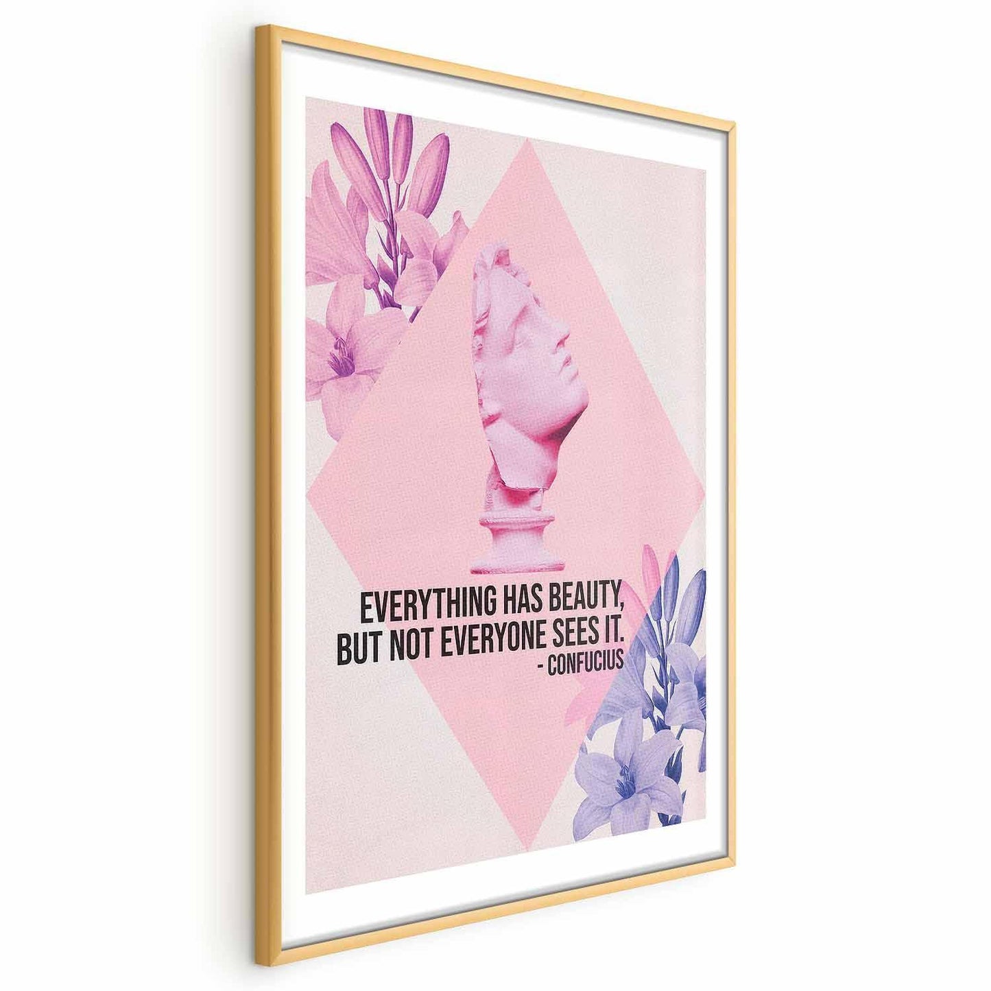 Poster - Confucius on Beauty - a bust in pink with flowers and a quote Artgeist