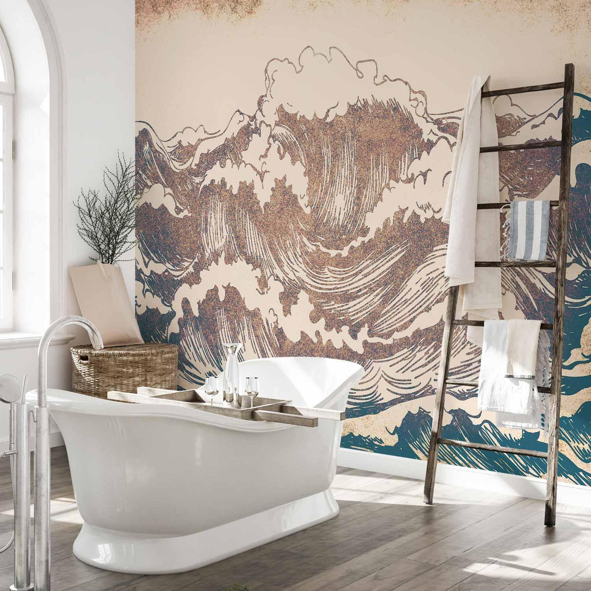 Fototapete Große Welle – japanischer Holzschnitt-Stil in Bronze und Teal