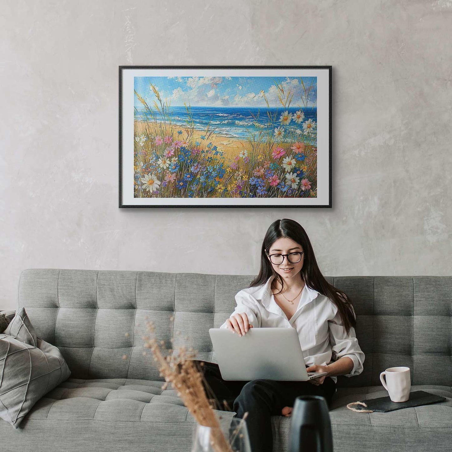 Poster - Seascape – wildflowers and a view of the rough sea