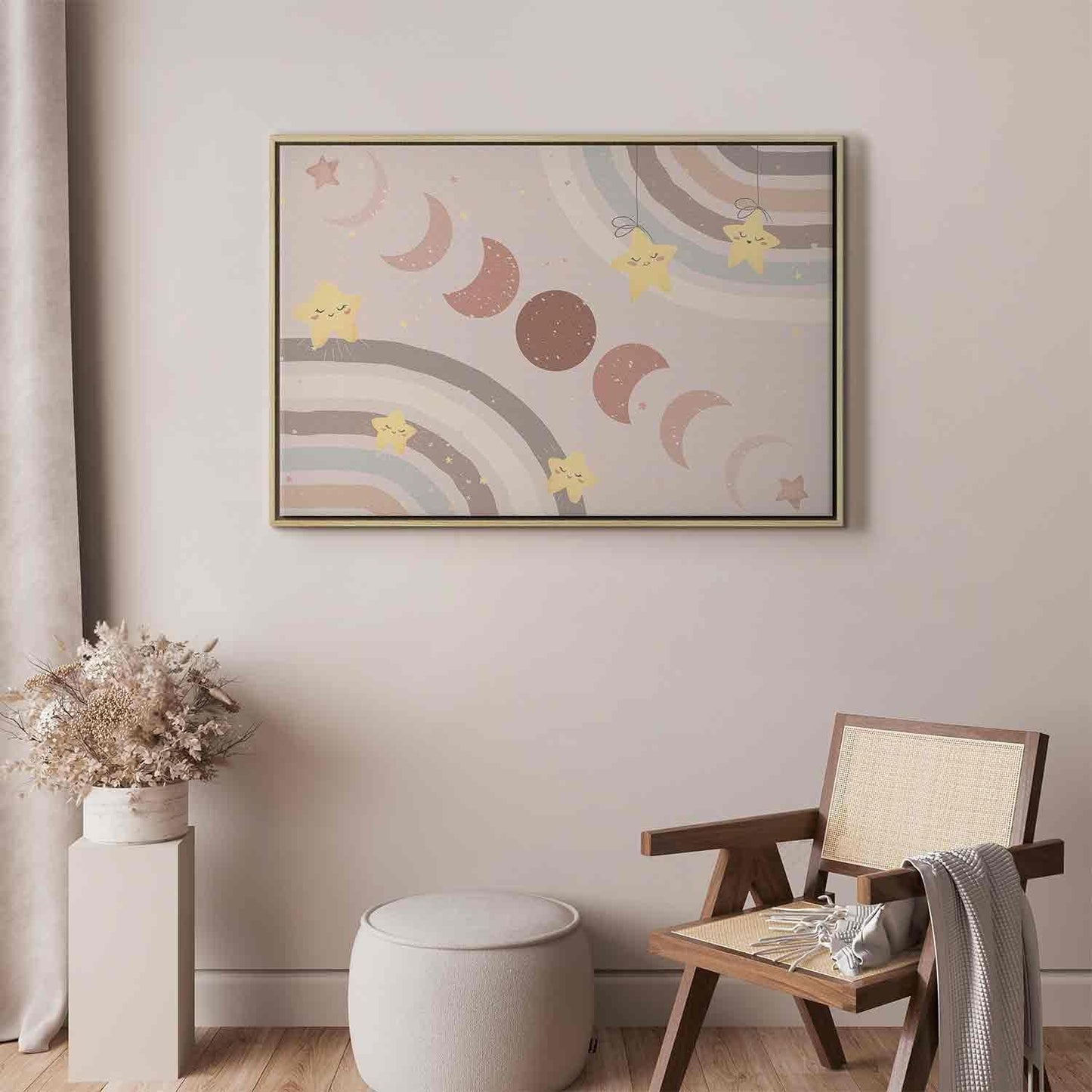 Leinwandbild - Joyful Sky - Yellow Cheerful Stars with a Rainbow Against the Phases of the Moon in a Light Beige Sky Hue Artgeist