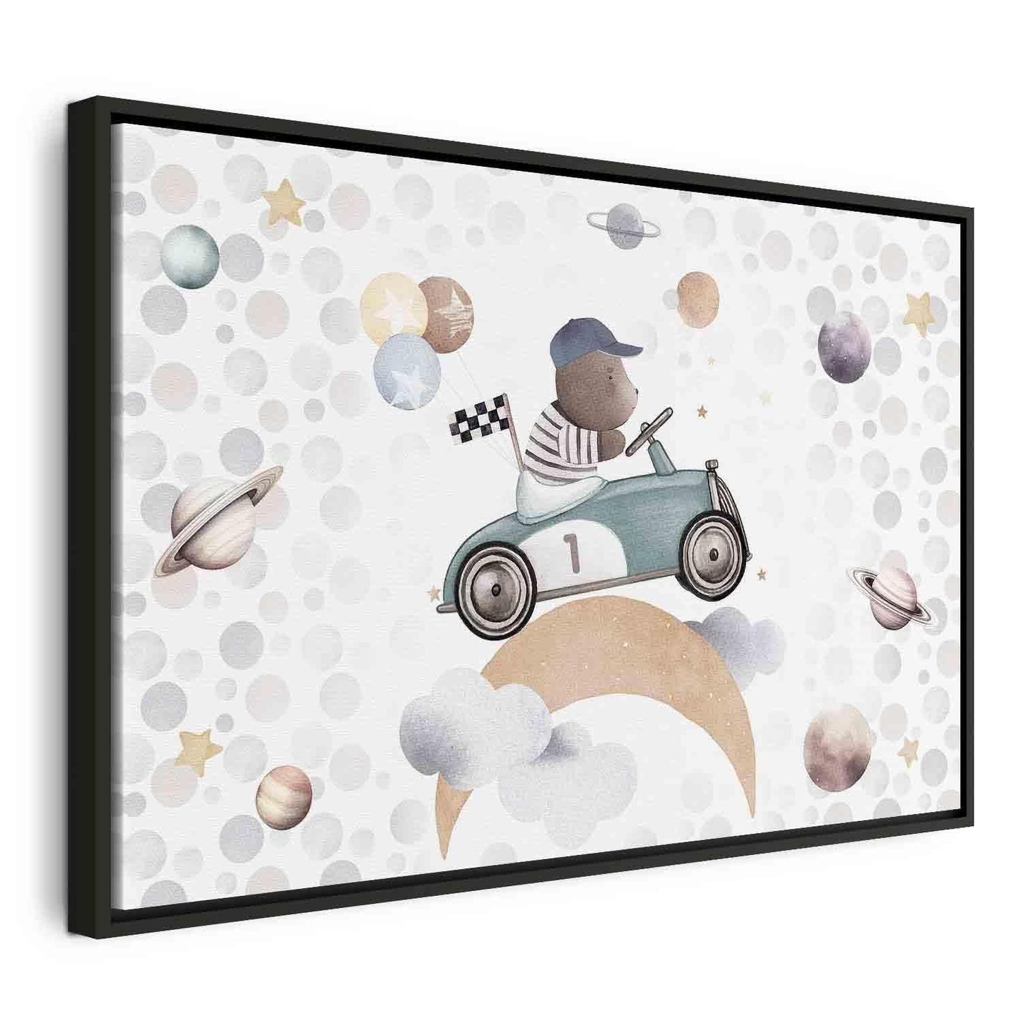 Leinwandbild - Galactic Races - A Bear Participating in Car Races Among Planets Clouds and Stars in Pastel Hues Artgeist
