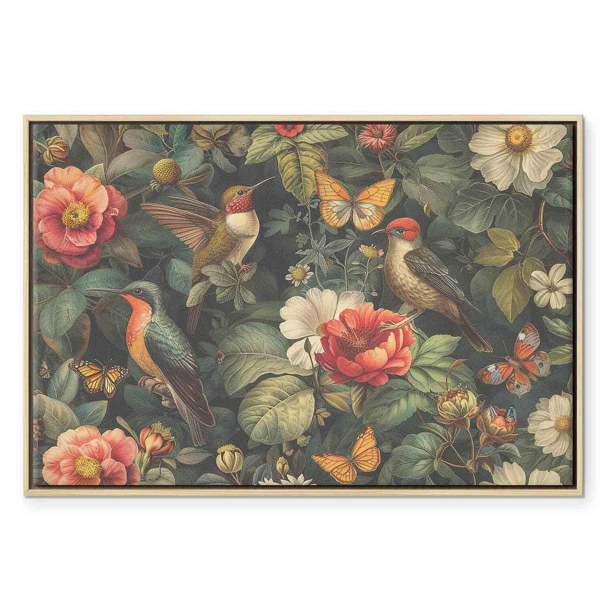 Leinwandbild - Flowers, birds and butterflies – vintage-style illustration