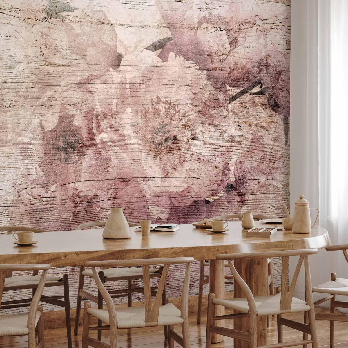 Fototapete Blumen auf Brettern - Romantische Holzoptik im Landhaus-Stil