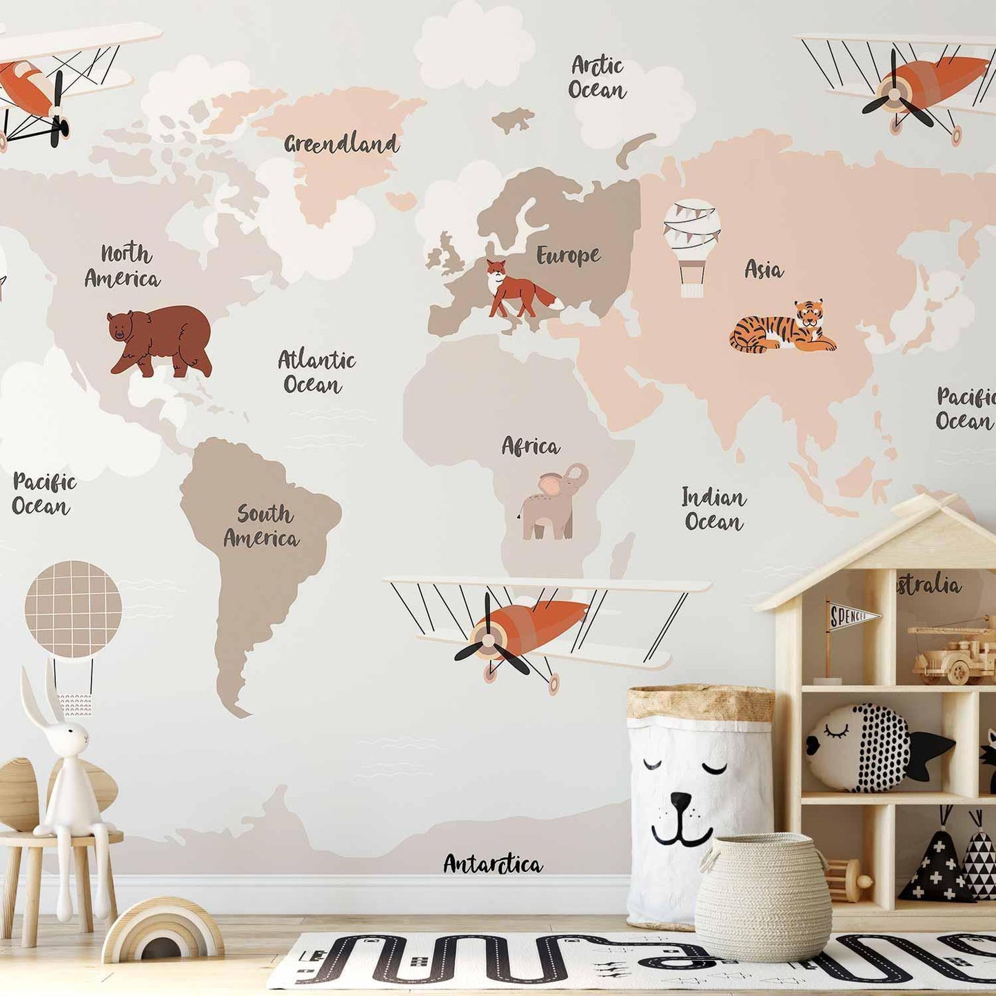 Fototapete - Map in Shades of Beige - Continents With Animals Artgeist