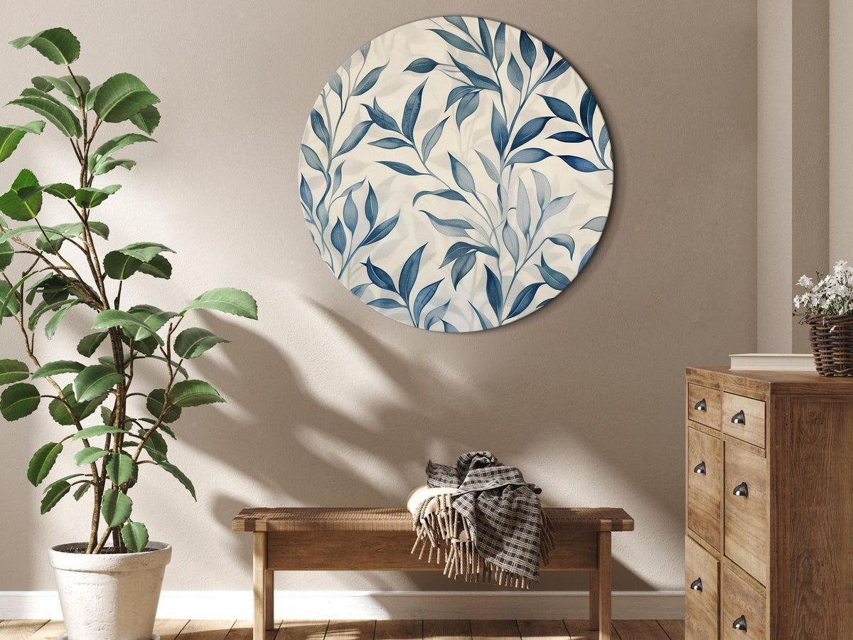 Rundes Bild - Leaves in Blue Colors Delicate Botanical Motif