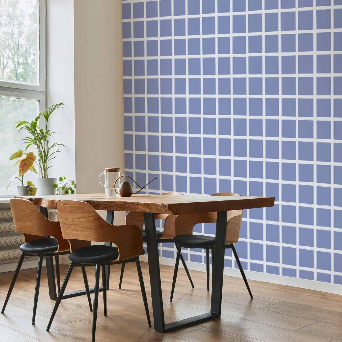 Tapete - Lines and Symmetry - Expressive White Grid on a Blue Background