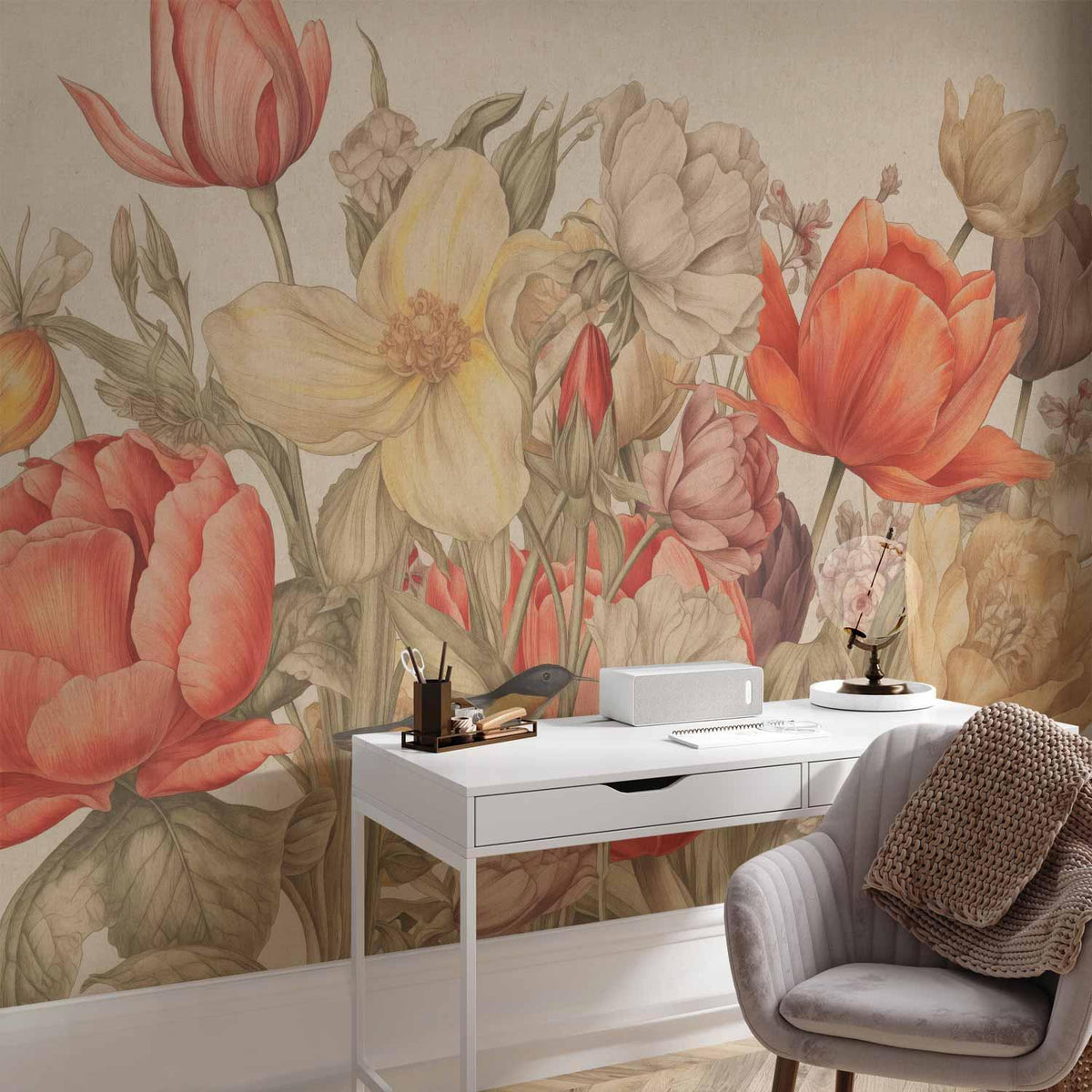 Fototapete Blumenstrauß Beige – Zarte Blüten für Wohnzimmer & Schlafzimmer