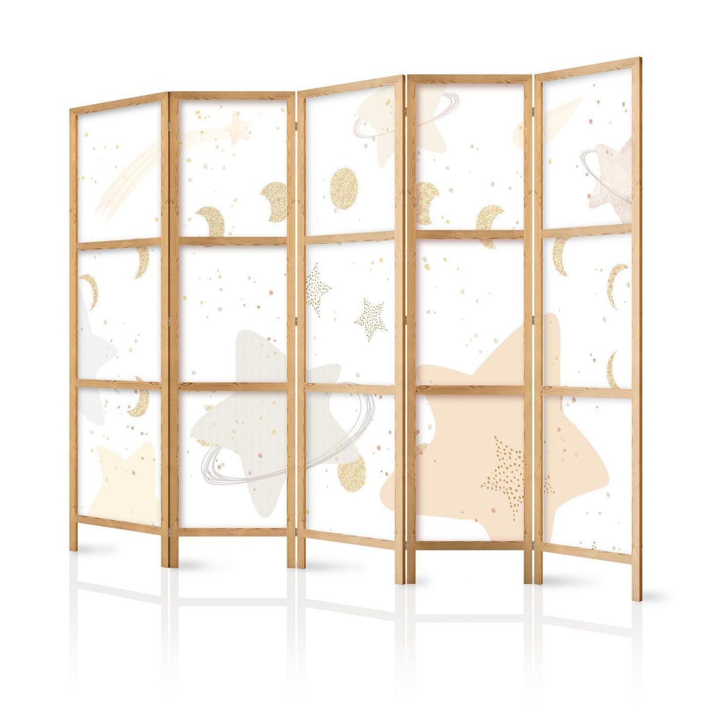 Japanischer Paravent - Fairy-Tale Galaxy - Moon phases in shades of yellow among stars in beige and ash colors with stardust Artgeist