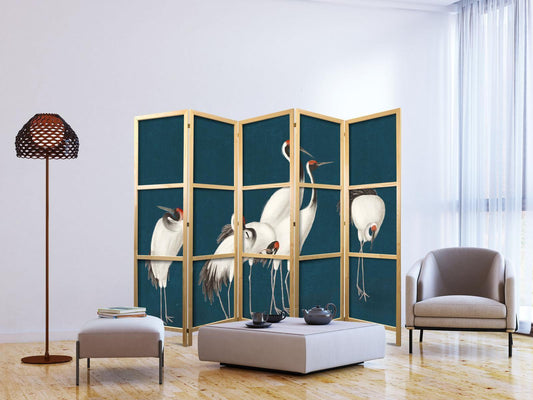 Japanischer Paravent - Evening by the pond - a group of cranes drawn with dry pastels on a dark turquoise background