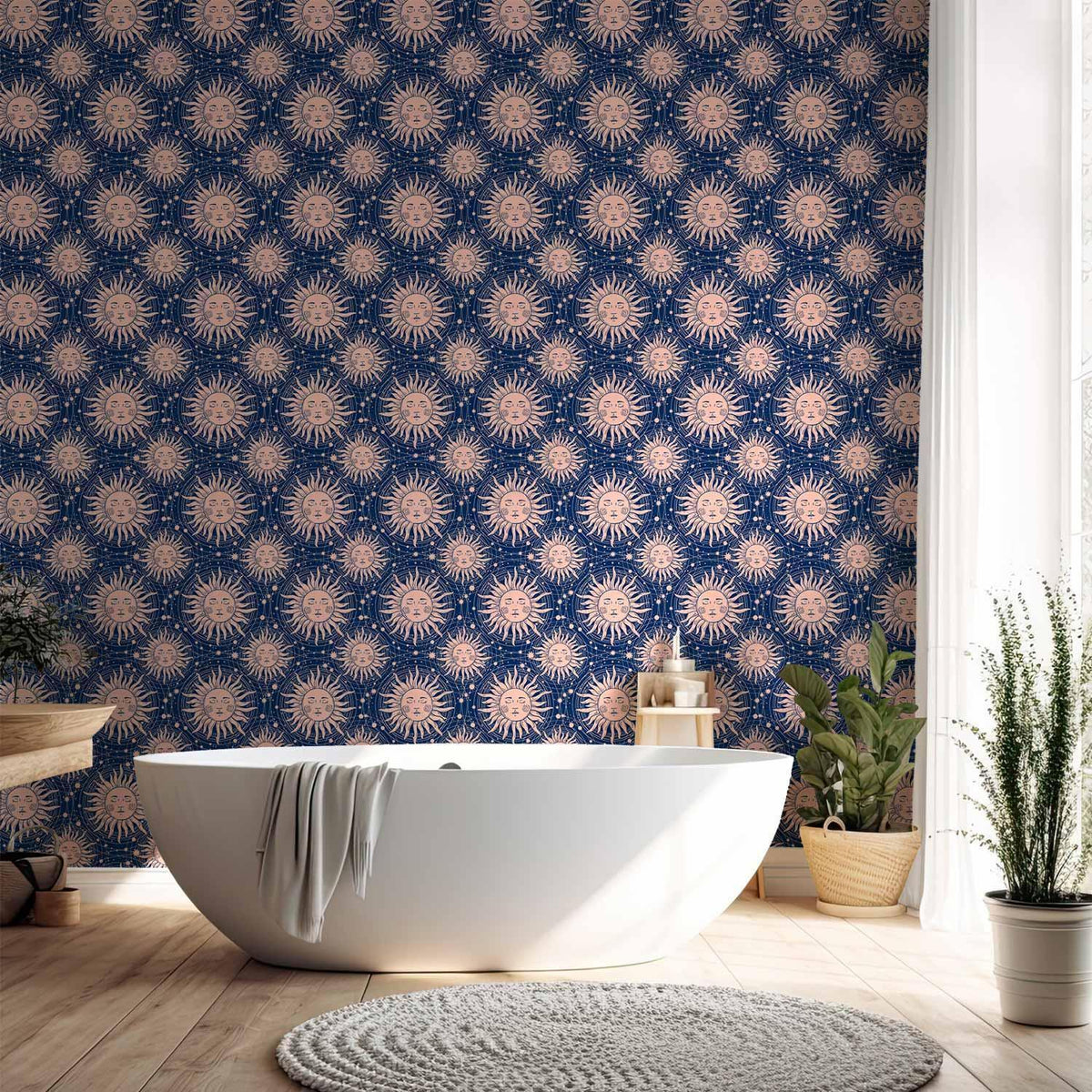 Tapete - Sunny Patterns - Repeating sun motif on a navy background