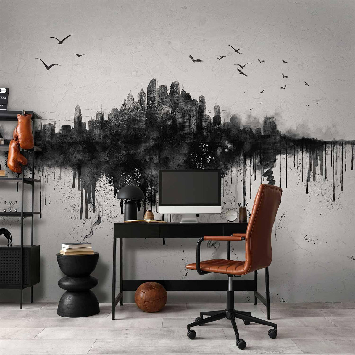 Fototapete - Big city - abstract city skyline in black watercolour style