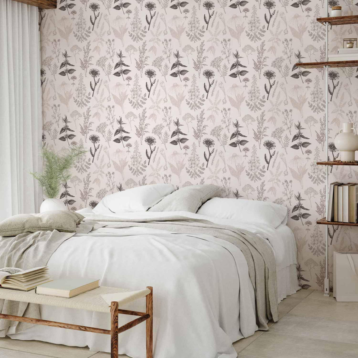 Tapete - Flowers and herbs in warm greys