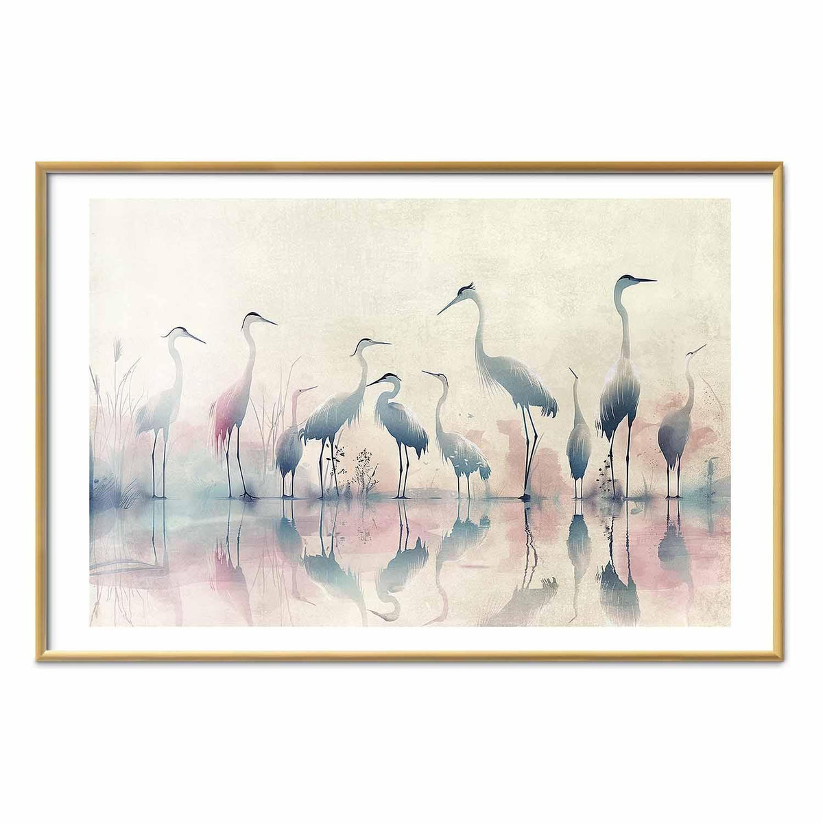 Poster - Birds by the Lake - herons painted in watercolor in a delicate, gray-pink palette