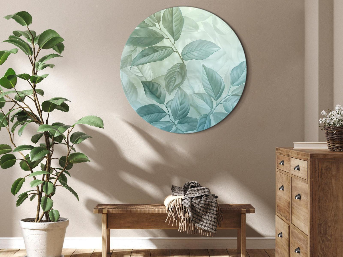 Rundes Bild - Large Leaves in Shades of Green-Mint: Botanical Motif