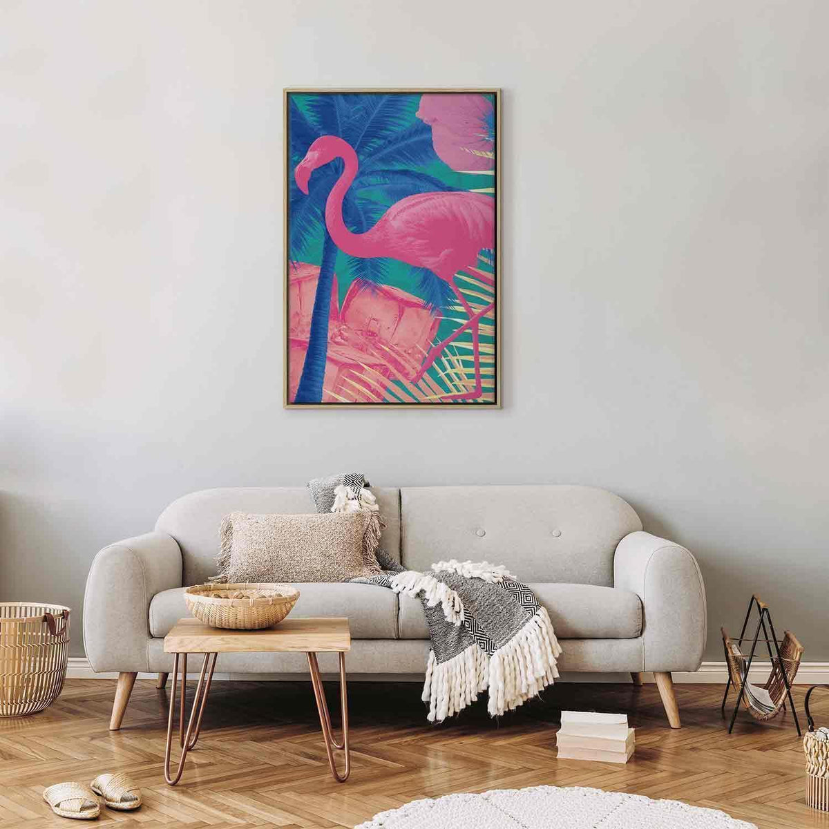 Leinwandbild - Pink Flamingo - Abstract Flamingo Against Palms and Ice Cubes