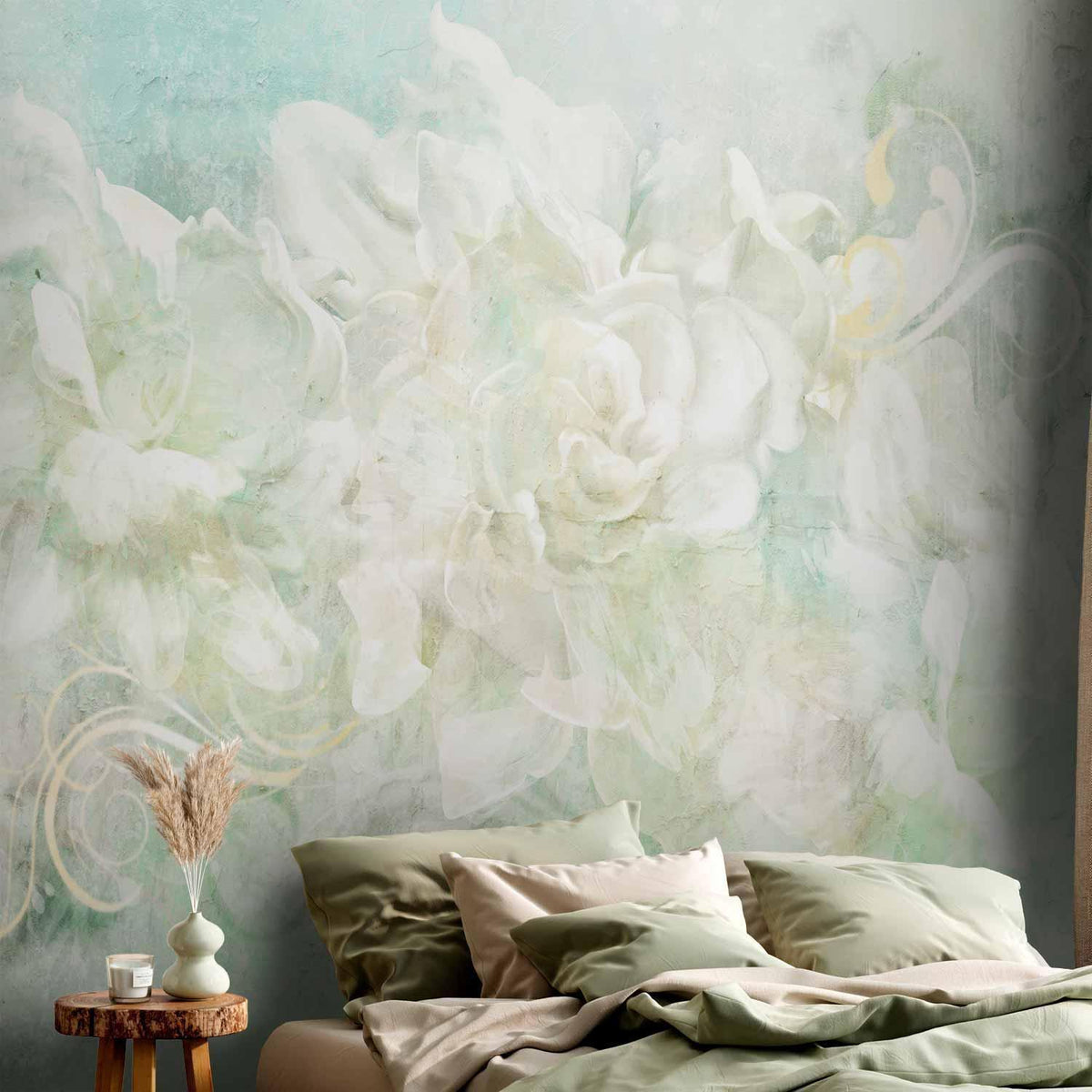 Fototapete - Blossoming among pastels - abstract with floral motif and patterns