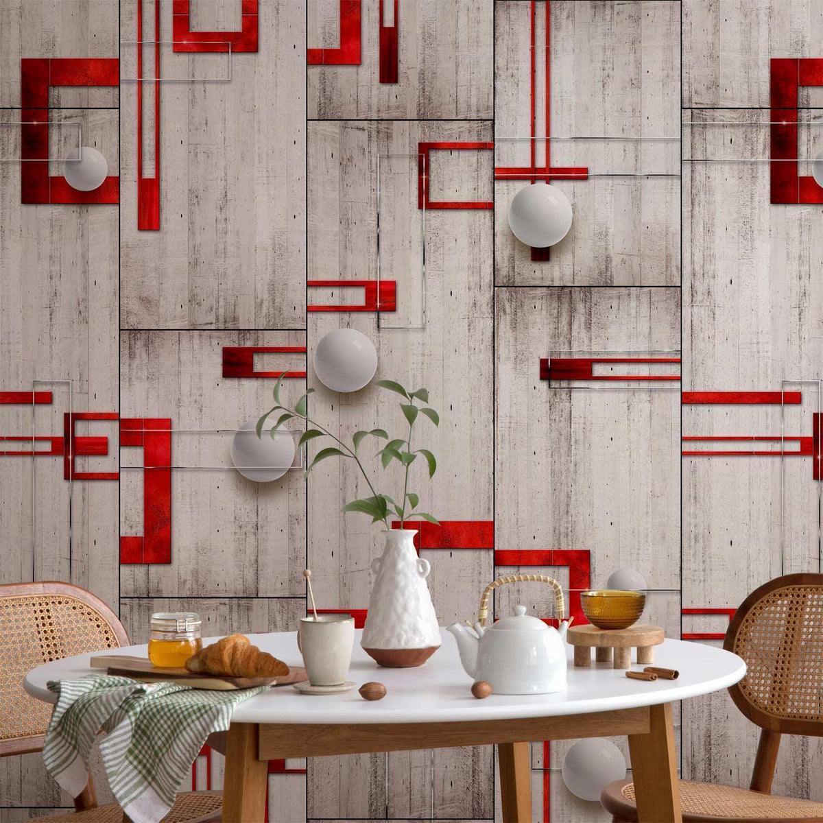 Tapete - Concrete, red frames and white knobs