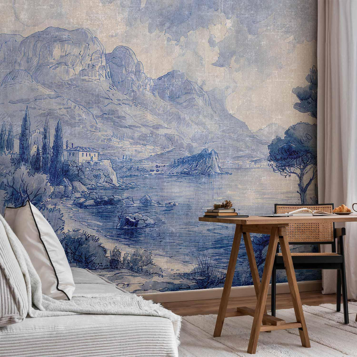 Fototapete Comer See – Blaue Bucht in italienischer Tintenmalerei