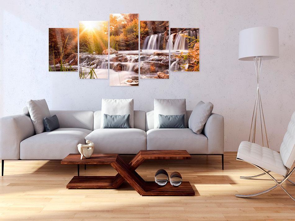 Wandbild Herbstlicher Wasserfall – 5-teiliges Acrylglasbild mit Sonnenstrahlen