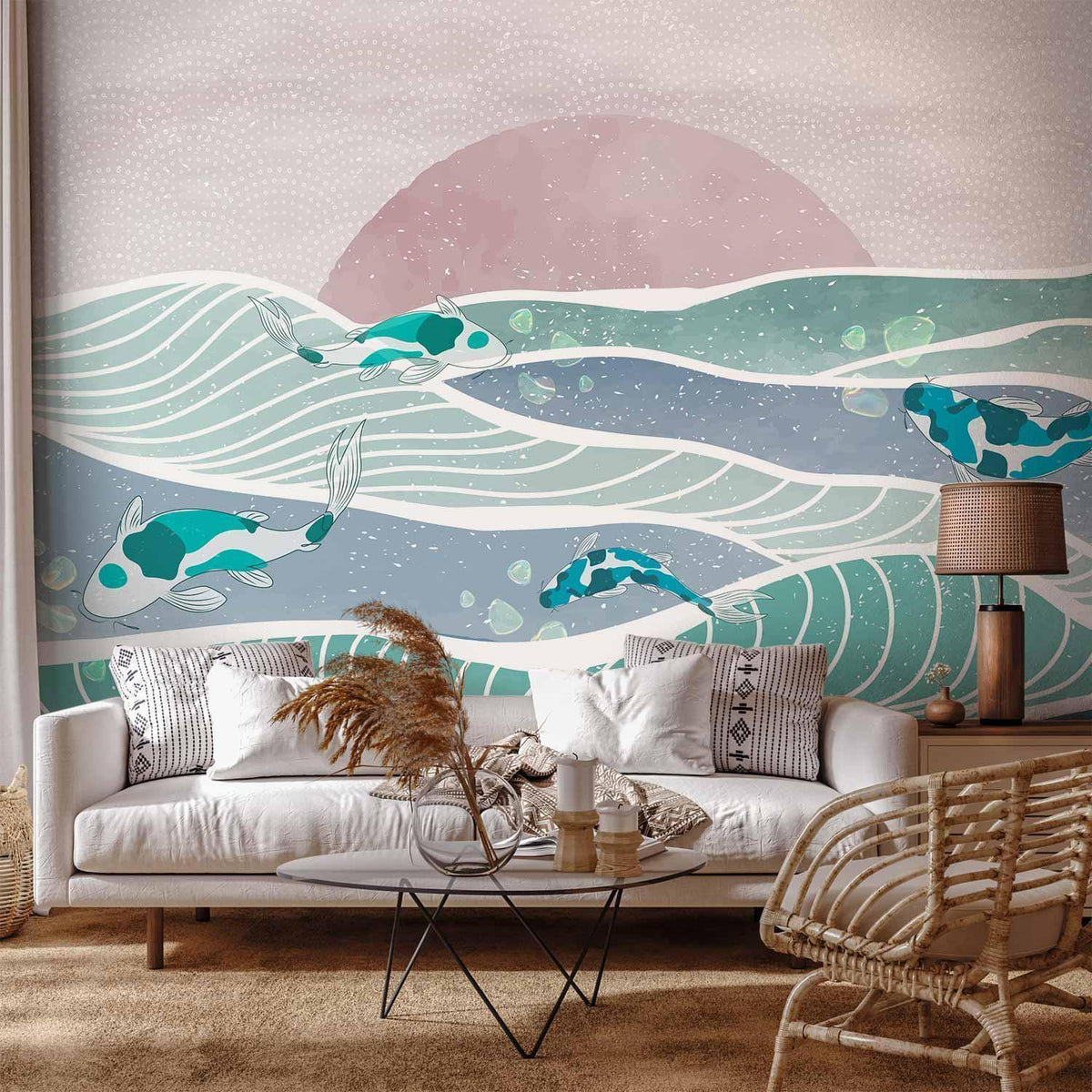 Fototapete Koi-Fische – Japanische Wellen in Teal und Rosa