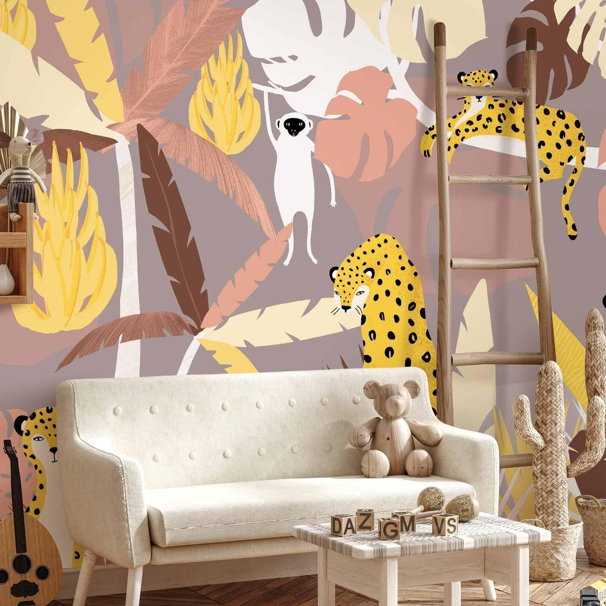 Fototapete - Cheetahs in the jungle - landscape with exotic animals with palm trees for children