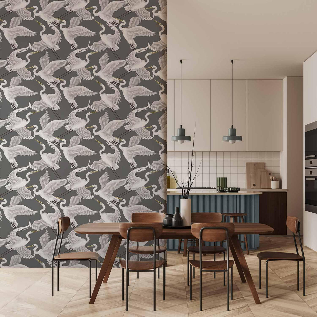 Tapete - Flying birds – a delicate pattern of white and grey herons on a grey background