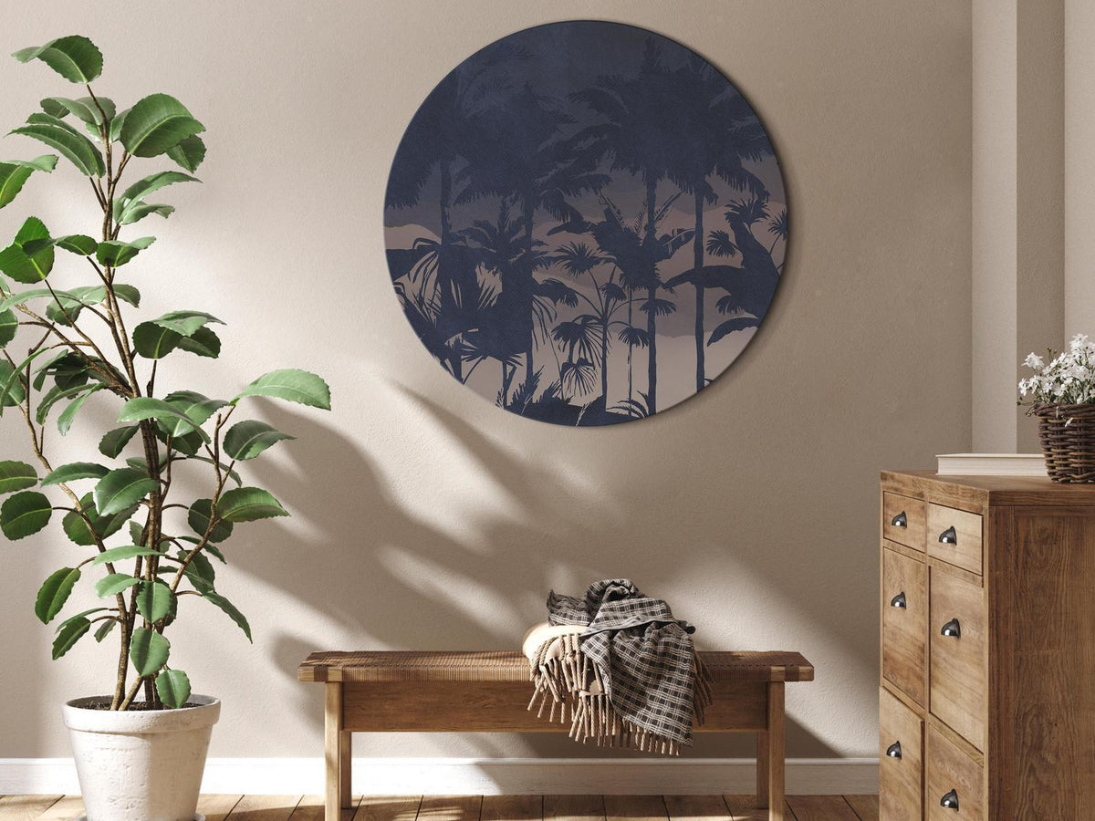Rundes Bild - Evening in an exotic forest - Tropical greenery under the cover of night against the backdrop of mountainous terrain