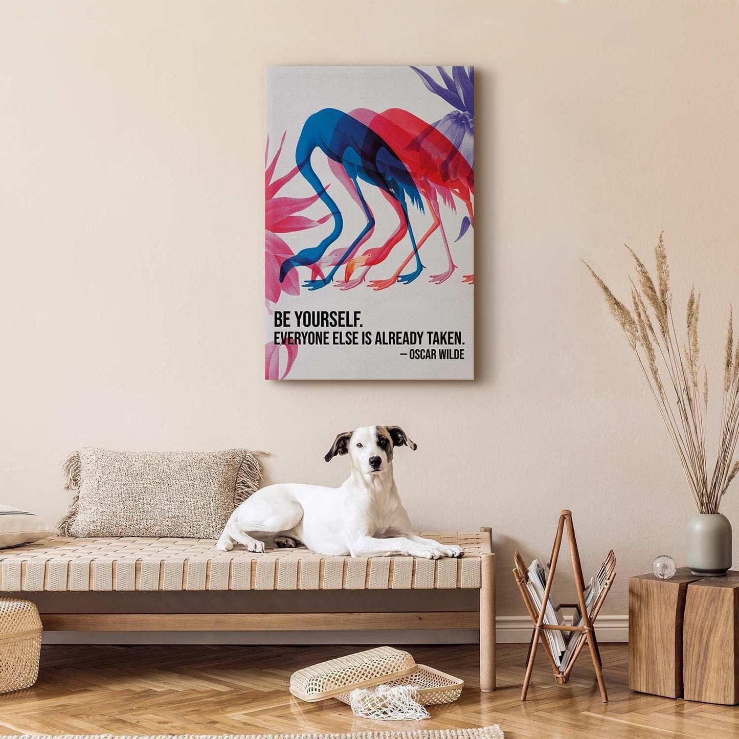Leinwandbild - Colorful Flamingos - Inspirational Quote with Colorful Bird Silhouettes Artgeist