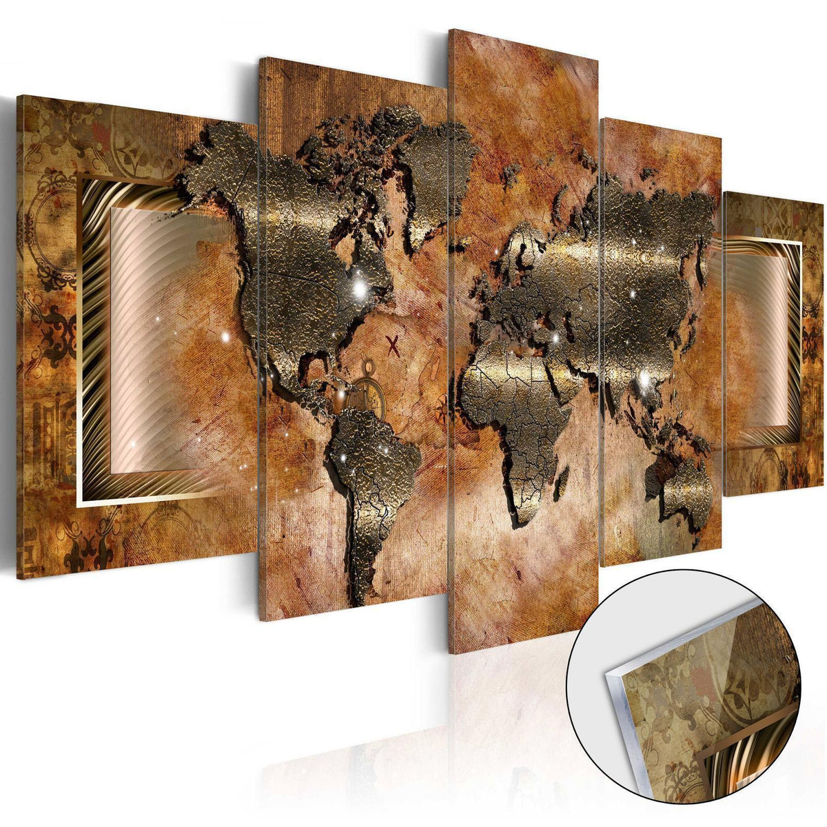 Wandbild Weltkarte Bronze Gold – 5-teiliges Acrylglasbild in Metalloptik