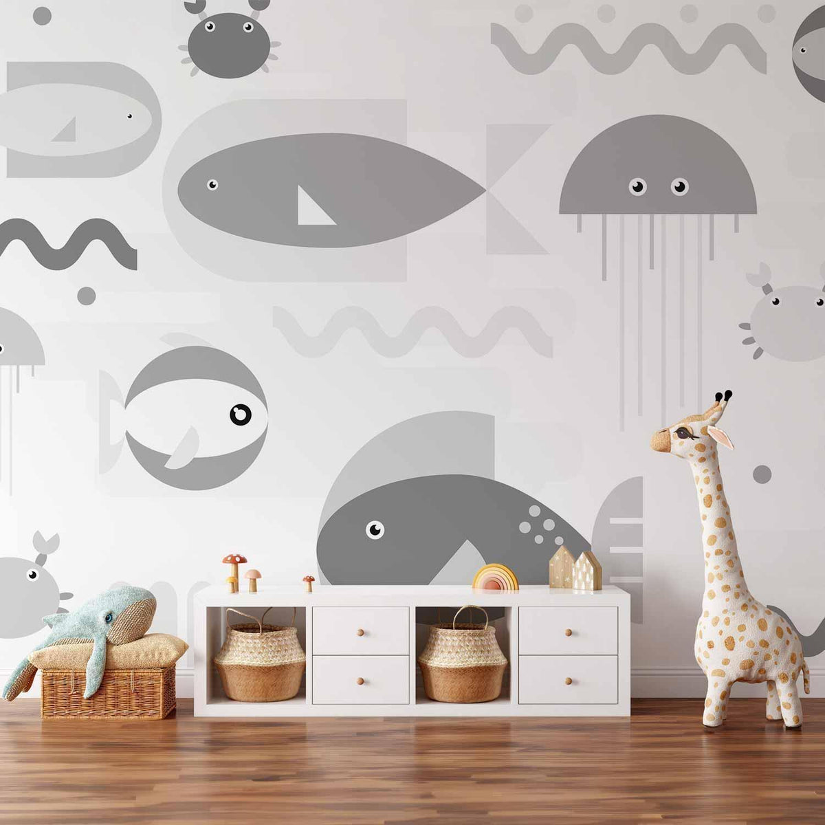 Fototapete Minimalistischer Grauer Ozean – Geometrische Fische für Kinderzimmer