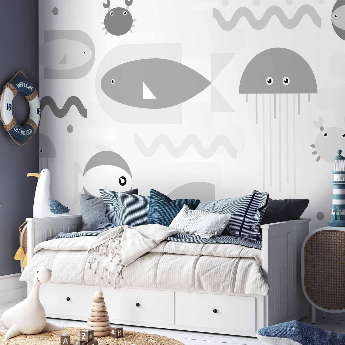 Fototapete Minimalistischer Grauer Ozean – Geometrische Fische für Kinderzimmer