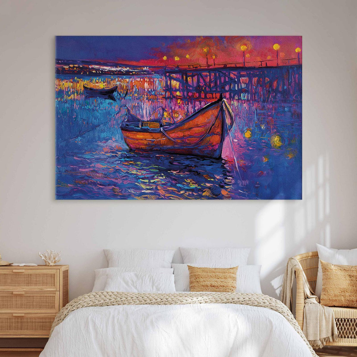 Wandbild XXL - Modern impressionism - night landscape of a lake with a floating boat