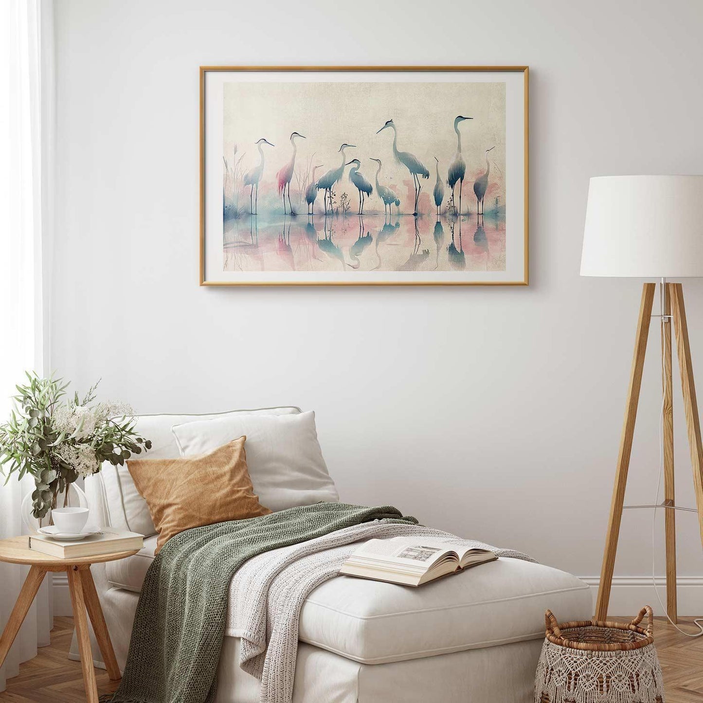 Watercolor herons by the lake poster in gray-pink palette, framed as wall decor.