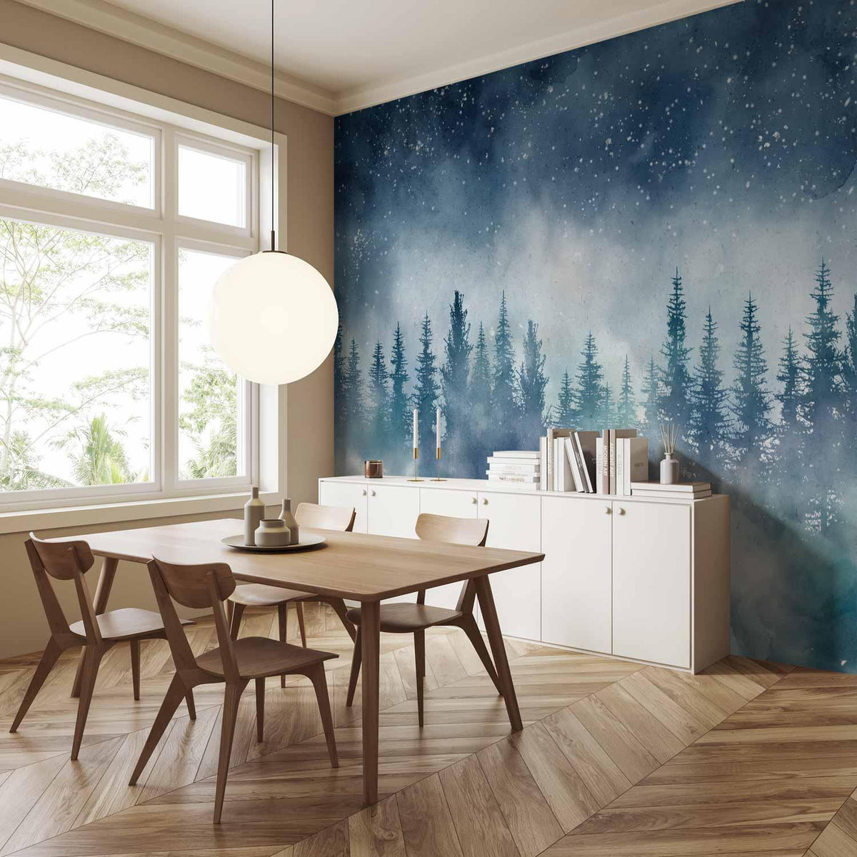 Fototapete - Night landscape - landscape of a misty forest at night with a starry sky