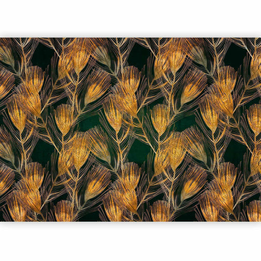 Fototapete - Golden peacock feathers - solid background with bird pattern on green background