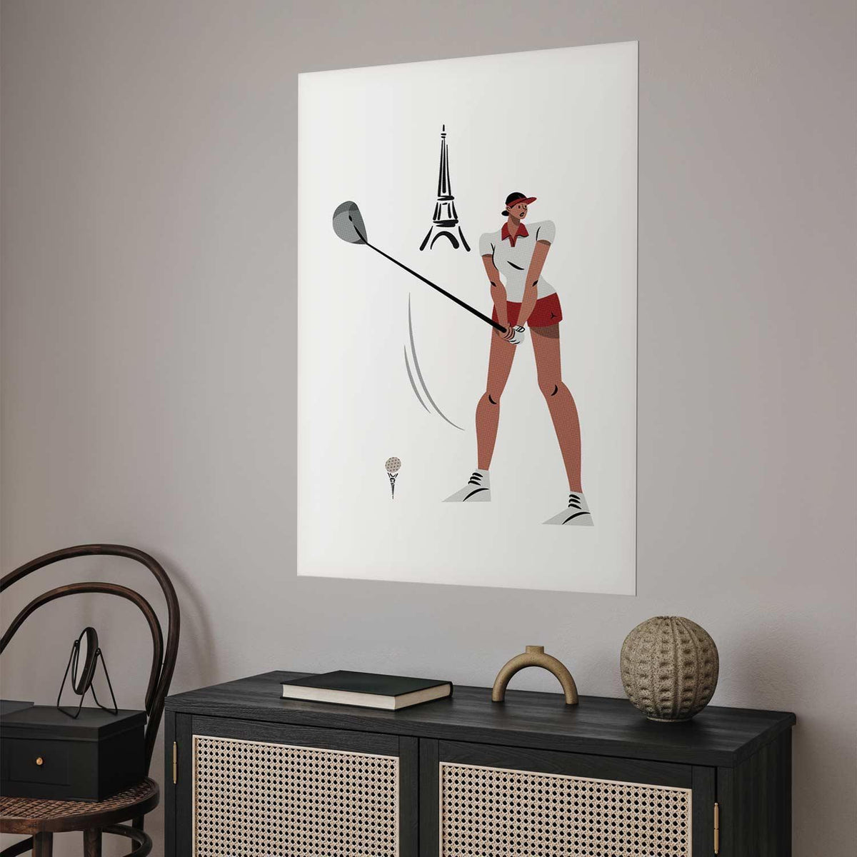 Poster - Illustration of a Female Golfer with the Eiffel Tower in the Background