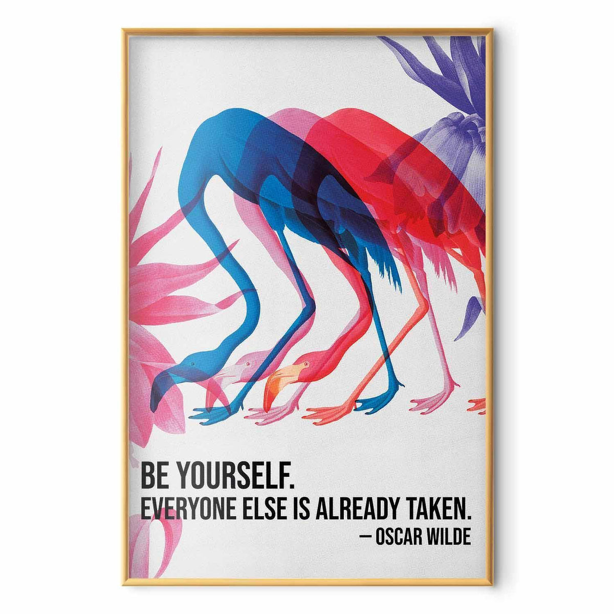Poster - Colorful Repetition - three flamingo silhouettes with an inspiring quote