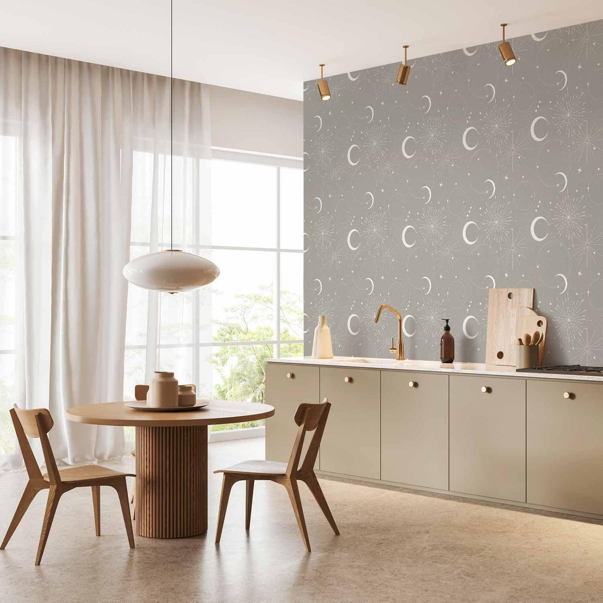 Tapete - Cosmic Fireworks - Elegant pattern with moons and stars on a gray background